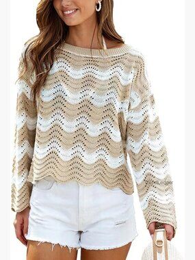 Long Sleeve Crochet Beach Cover Up Top, Striped Knit Swimwear Layer